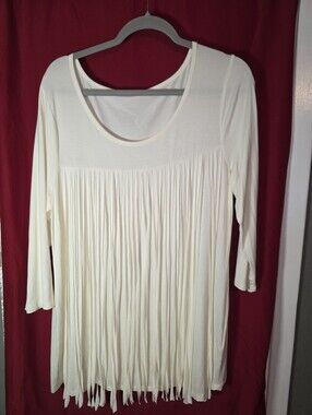 Cable & Gauge Ivory Boho Fringe Tunic Top Viscose Blend Stretch Size L